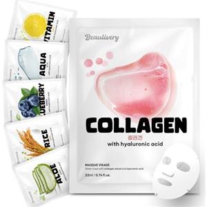 BEAULIVERY Maschera Viso Set da 6 tipi con Acido Ialuronico 6 Pezzi, Cosmetici Coreani Idratanti