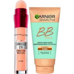 Garnier SkinActive BB Cream Crema Viso Idratante Perfezionatrice Tutto in 1 Classica SPF 15 Tonalità Scura 50ml + Il Cancella Età Correttore Liquido Colore 07 Sand con Applicatore a Spugnetta