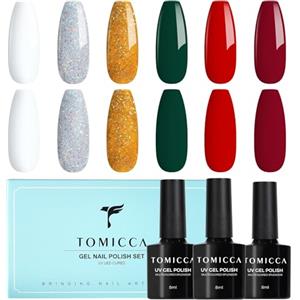 TOMICCA Smalto Semipermanente Set, 6 Colori Smalto Natalizio Rosso Verde Bianco Glitterato Series, 8ML Gel Unghie UV/LED Kit, Per La Casa Nail Salone Fai Da