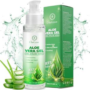 Oukzon Aloe Vera Gel Puro 100%, Gel Naturale di Aloe Vera Per Viso Capelli e Corpo - Crema Idratante, Lenitiva e Idratante, Ripara Scottature e Cicatrici, per Acne e Scottature 100ML