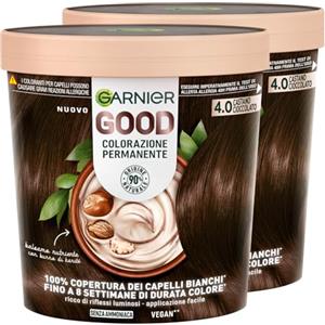 Garnier Good Tinta Colorazione Permanente Fino a 8 Settimane Colore Brillante e Luminoso Copre il 100% dei Capelli Bianchi Formula Vegana Senza Ammoniaca 4.0 Castano Cioccolato - 2 Confezioni