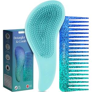Lily England Set di spazzola districante e pettine per capelli, spazzola per capelli leggera e pettine a denti larghi per donne, spazzola districante liscia e pettine per capelli ricci, Blu glitterato