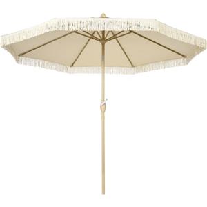 Outsunny Ombrellone da Giardino 2.6x2.4 m Inclinabile a 3 Livelli con Frange, Ombrellone da Terrazza con Manovella e Palo a 2 Sezioni, Ombrellone da Esterno a 8 Stecche in Poliestere, Crema