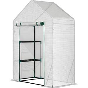 Outsunny Serra da Giardino in Acciaio e Copertura PE, Serra per Piante con 2 Scaffali e Porta Avvolgibile, 143x73x195cm, Bianco