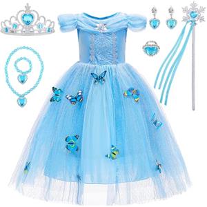JAMATA Vestito Elsa Frozen,Costume Principessa con Collana,Braccialetto,Bacchette Magiche,Orecchini,Anelli Corona,Ideale per Feste di Compleanno,Halloween Carnevale,Ideal Regali per Ragazze,Taglie 120