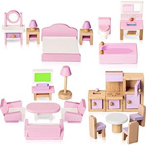 Lawcephun Set di Mobili per Casa delle Bambole in Legno, 5 Stanze 22 Mini Accessori Include Cucina Sala da Pranzo Soggiorno Camera da Letto Bagno per Ragazzi