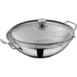 WMF Party Taiwan - Wok a induzione, 36 cm, con coperchio e griglia di appoggio, in acciaio INOX Cromargan non rivestito, adatto al forno