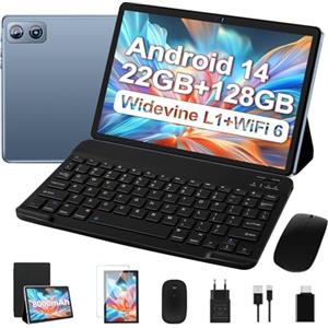 Dghrti 2025 Tablet 10 pollici Android 14, 22GB RAM+128GB ROM/TF 1TB, 8-core 2.0GHz, 8000mAh, UFS 2.1 Flash, Corpo in Metallo, Doppio WiFi, BT5.0, 8+5MP, Widevine L1, Con Tastiera e Mouse, Grigio