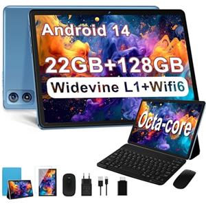 Dghrti 2025 Newest Tablet 10 pollici Android 14, 22GB RAM+128GB ROM/TF 1TB, 8-core 2.0GHz, 8000mAh, UFS 2.1 Flash, Corpo in Metallo, WiFi 6, BT5.0, 8+5MP, Widevine L1, Con Tastiera e Mouse, Blue
