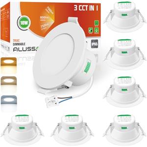 ALUSSO IP65 Faretti LED da Incasso per Cartongesso Dimmerabile, 10W 800LM, 3000K Luce Caldo 4000K Luce Neutro 5700K Luce Freddo Selezionabile, Tondo Bianco, Set da 6