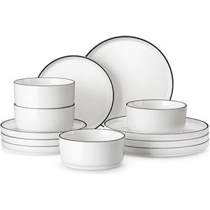 MALACASA Servizio di Piatti in Porcellana per 4 Persone, Set di 12 Pezzi con Piatti Piani ∅ 26 cm, Piatti da Dessert ∅ 21 cm e Ciotole per Cereali da 760 ml, Bianco con Bordo Nero, Serie LEAH