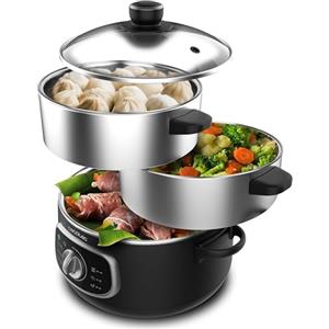 Cecotec Vaporiera Elettrica Vapovita Steelpot. Potenza 1300W, Contenitori Inox, Capacità 10L, Tempo Regolabile, Spegnimento Automatico, Facile Pulizia, Coperchio Speciale, Cucina Sana, Sicurezza