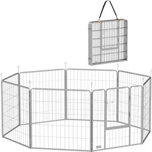 PawHut Recinto per Cani a 8 Pannelli Modulabili con Cinturino, Box per Cani Taglia Piccola e Media Pieghevole con Porta in Acciaio, Altezza 80 cm, Argento