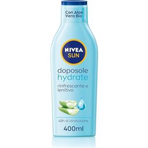 NIVEA SUN Latte Doposole Hydrate in maxi flacone da 400 ml, Crema doposole con aloe vera bio e acido ialuronico, Crema corpo idratante ad azione rinfrescante e lenitiva