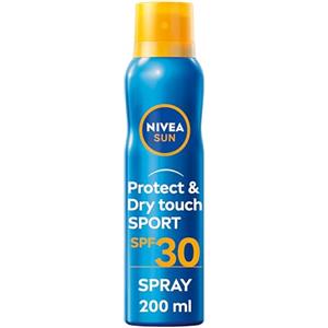 NIVEA SUN Crema Solare Spray Protect & Dry Touch Sport FP30 200 ml, Crema solare 30 in spray rinfrescante, Protezione solare 30 invisibile sulla pelle e resistente all'acqua e al sudore