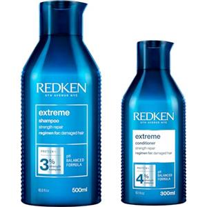 REDKEN Shampoo, per capelli danneggiati, ripara forza e aggiunge flessibilità, estremo 300 ml + Balsamo professionale Extreme, Trattamento fortificante per capelli danneggiati, 300 ml