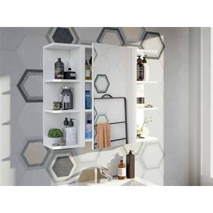 Dmora pensile Lafayette, Mobile per Bagno, Armadietto sospeso, Bianco Lucido, 40x21h65, 1 Anta, Pannello melaminico 15mm, Vetro
