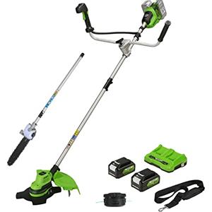Greenworks 48V (2x24V) Decespugliatore a Batteria Brushless, Imbracatura, Ampiezza di Taglio 38cm, Filo Nylon2mm, 2x Batterie 4Ah e Caricabatterie, GD24X2BCB + Greenworks Original Accessorio Potatore