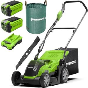 Greenworks 40V Tagliaerba, Ampiezza di Taglio 35cm, 2x Batterie 40V 2Ah e 1 Caricabatterie-G40LM35K2X + Greenworks Lama di Ricambio da 35 cm + Greenworks Tools Sacco da giardinaggio da 120l