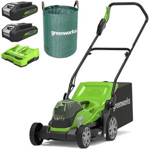 Greenworks G24X2LM36K2X Tagliaerba a Batteria, Ampiezza di Taglio 36cm, Sacca da 40L CON Due Batterie 2 x 24V (Pari a 48V) & Caricabatterie Doppio + Greenworks Tools Sacco da giardinaggio da 120l