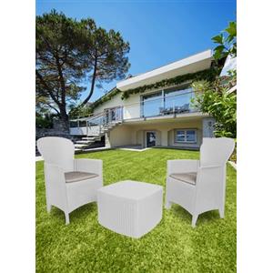 Dmora - Set salotto da esterno Napoli, Composizione da giardino con 2 poltrone ed 1 tavolino contenitore, Salottino effetto rattan, 100% Made in Italy, Bianco