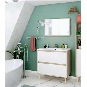 Dmora Mobile sottolavabo Yazoo, sotto, Mobiletto da Bagno con Specchio, Lavabo Non Incluso, 80x45h80 cm, Bianco Lucido e Rovere, Legno ingegnerizzato