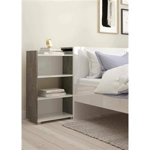 Dmora - Comodino Amandine, Comò basso, Tavolino da notte, Mensola da letto, 145x26 h80 cm, Cemento e Bianco lucido