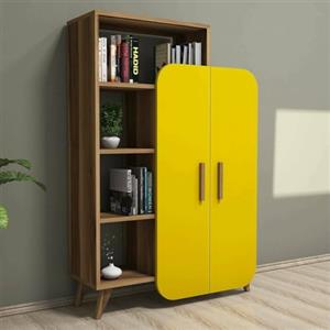 Dmora Libreria Enceladus, Scaffale da Ufficio, Mobile portalibri, Biblioteca, 90x32 h132 cm, Noce e Giallo