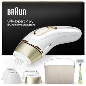 Braun Silk·expert Pro 5 Epilatore Luce Pulsata, Epilazione A Casa, Alternativa All'Epilazione Laser, Con Custodia, Mini Depilatore Viso, 2 Testine, Idea Regalo, Bianco/Oro, PL5156