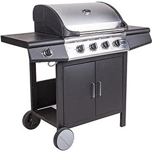 Dmora Barbecue a gas 4 bruciatori +1 in acciaio inox, colore nero, cm 136 x 56 x h106