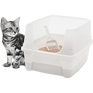 Iris Ohyama Vassoio per Lettiera per Gatti con Paletta, Bianco, Facile da pulire, Box per gatti, Pareti Rimovibili, Per Gattini, Gatti Adulti, Conigli, Senza BPA, Tetto Aperto, CLH-12