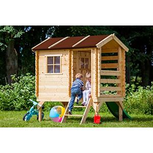 TIMBELA Casetta per bambini in legno con scivolo - Casetta giocattolo per bambini - L182xL146xA205cm/ 1.1m2 - Casetta da gioco da esterno - Casetta da giardino Timbela M501C