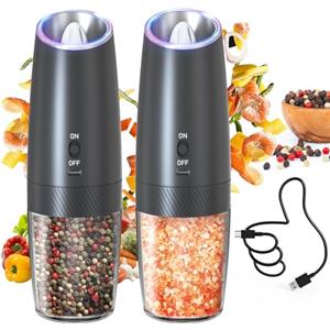CIRCLE JOY Set Macina Sale e Pepe Elettrico Ricaricabile a Gravità con Luce LED Bianca, Ruvidità Regolabile, Contenitore Lavabile da 135ml e Funzionamento con Una Sola Mano, Nero