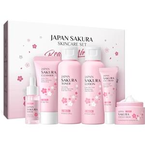 LAIKOU Set per la Cura Della Pelle Sakura, 6 Pezzi Set Regalo per la Cura Della Pelle Femminile, Detergente, Tonico, Lozione, Crema per Gli Occhi, Siero, Crema, Regalo per Donne e Adolescenti