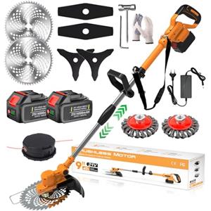 SUAIIOLK Decespugliatore a batteria 21V, Tagliaerba a Batteria Brushless con 2 Batterie 4,0Ah e Spazzola per Erbacce 4 in 1 Decespugliatore Elettrico, Tubo Telescopico, Testa Girevole 90°, Orange