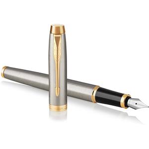 Parker IM Penna Stilografica | Punta Media e Ricarica di Inchiostro Blu | Confezione Regalo | Brushed Metal Golden Trim