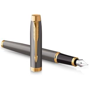Parker IM Penna Stilografica | Laccatura Grigia con Pennino Dorato | Punta Fine Lucida in Acciaio Inossidabile | Ricarica della Cartuccia d'Inchiostro Blu | Confezione Regalo