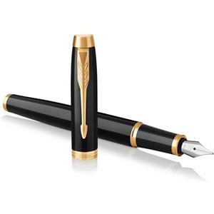 Parker 1931645 IM Penna Stilografica, Punta Sottile e Ricarica di Inchiostro Blu, Confezione Regalo, Black Lacquer Golden Trim