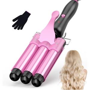 BESTOPE RAY Ferro Arricciacapelli Grandi 3 Botti, Piastra Onde per Capellif-Piastra Capelli Onde, Bigodini da Spiaggia Waves, Ferro Capelli 2 Temps Livelli Onde Capelli Riscaldamento Rapido con Guanto, Rosa