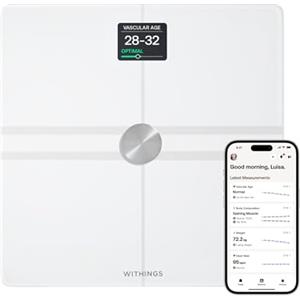 WITHINGS Body Comp - Bilancia pesapersone digitale WiFi con analisi corporea completa: peso, grasso corporeo, grasso muscolare, acqua e tracciamento cardiovascolare, Bilancia impedenziometrica, bianco
