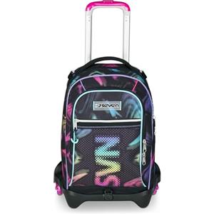 Seven Trolley Scuola Jack 3 Ruote, Nero Fucsia, Zaino Con Carrello Sganciabile Da 34 L, Tasca Borraccia e Crossover System, Maneggevole Resistente, Scuola Elementare e Media, Zaino Bambina