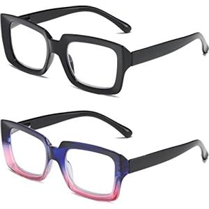 MMOWW 2 Pacco Occhiali da Lettura Donna Rettangolari - Oversize Square Frame Anti Luce Blu Occhiali （nero+blu e viola, +1.0
