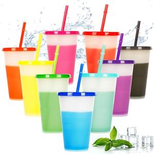 dellyy Bicchiere Plastica Bambini, 9 Pezzi Bicchieri con Cannuccia e Coperchio, Tazza Che Cambiano Colore Bicchieri, Bicchieri di Plastica Riutilizzabili per Bambini Adulti Feste, 480ml (A)