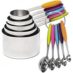 RUNZI Set di 10 misurini e cucchiai, include 5 misurini per nidificazione in acciaio inossidabile e 5 mini misurini, manico impilabile cucchiaio accurato per misurare ingredienti secchi e liquidi