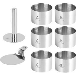 Hilsita 6 Pezzi Coppapasta Tondi, 7.6 cm, con 1 Pressa e 1 Base, Coppapasta tagliapasta in Acciaio Inox, Anelli Dessert, Anelli per Torte, Anello di Cottura Rotondo per DIY Mousse Torte Dessert