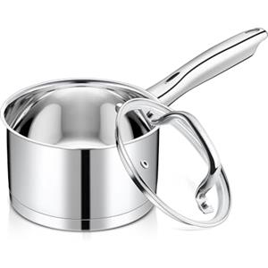 Joyfair Casseruola a 3 strati, 16 cm, con coperchio in vetro, 1,9 litri, in acciaio inox, piccola pentola per cucinare/riscaldare/bollire, pentola a induzione per tutti i piani cottura, lavabile in