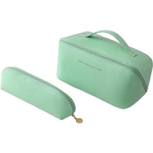 Docache 2 Pezzi Beauty Case Donna Impermeabile Borsa Porta Trucchi da Viaggio in Morbida Pelle PU 1 Cosmetica da Viaggio con Scomparti e 1 Porta Pennelli per Trucco per Donne e Ragazze (Menta Verde)
