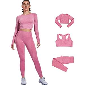 DONYKARRY 3set di Abbigliamento Sportivo da Palestra Senza Cuciture, Yoga Gym Leggings da Yoga a Vita alta e Reggiseno Sportivo e Top Sportivo (rosa,L)
