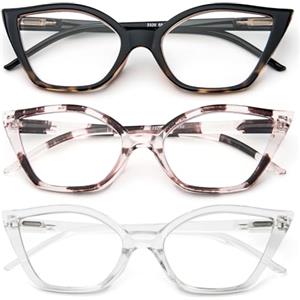 Kodilin 3 Pack Occhiali da Lettura Donna Anti Luce Blu Cat Eye Occhiali per PC con Cerniera a Molla, 1.0 Nero+RosaLeo+Transparente