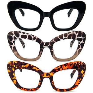 Kodilin 3 Pack Occhiali da Lettura Grandi Cateye,Vintage Occhiali eleganti della grande struttura, lettore di computer anti luce blu Donna(+3.5, nero rosso leo)